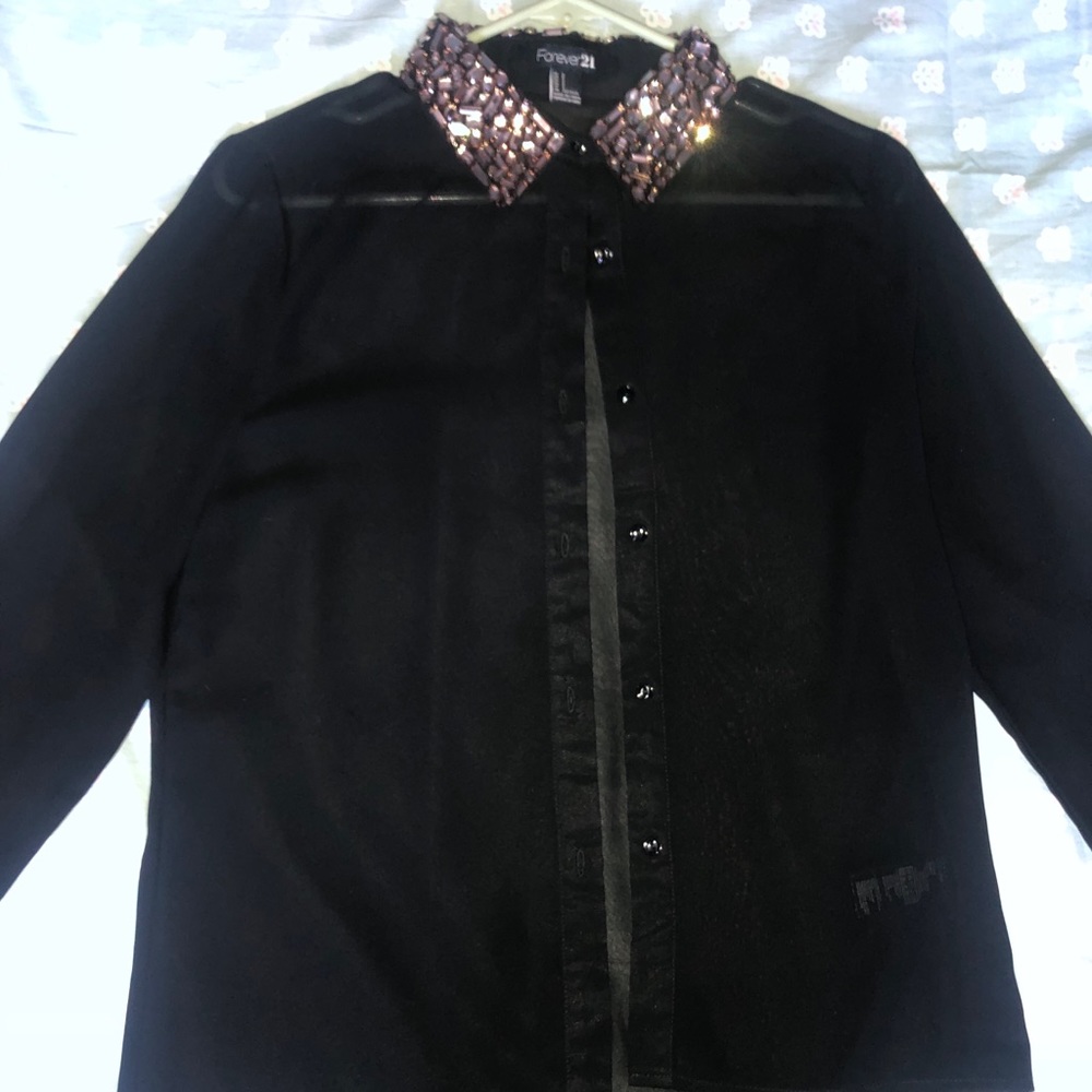 Black button down top with beaded collar